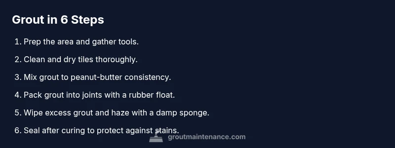 Infographic showing 6-step grout process for porcelain slabs