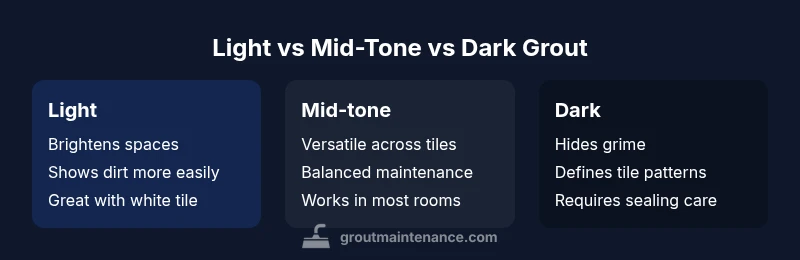 Infographic comparing light, mid-tone, and dark grout options